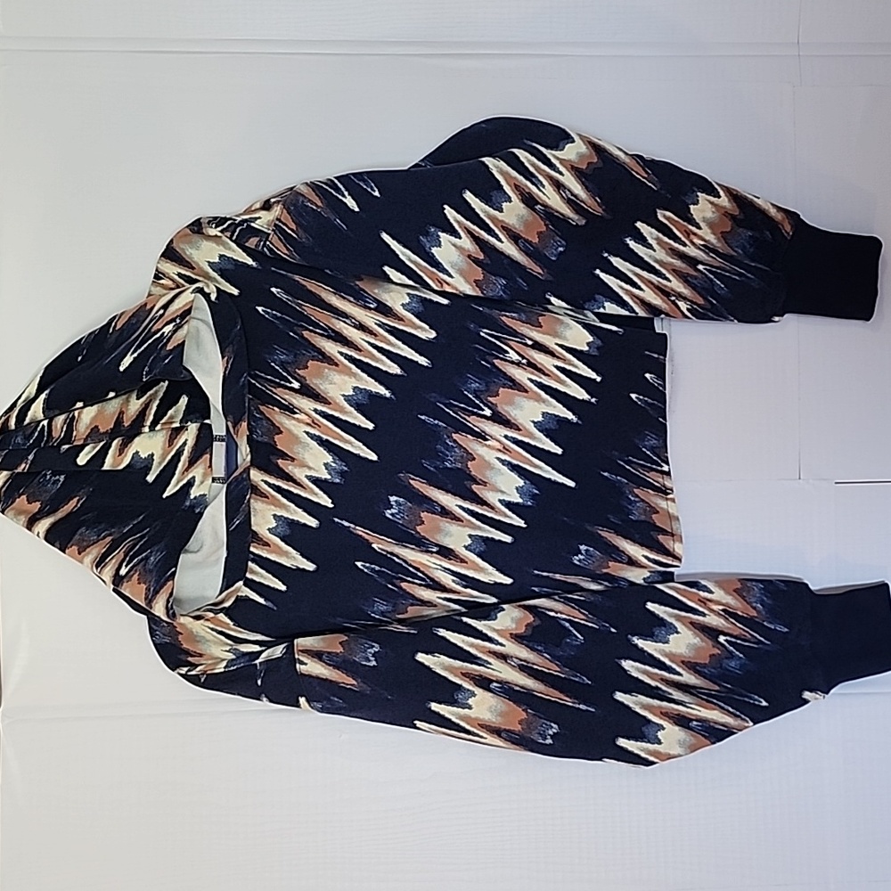Free People Half Time Printed Hoodie Crop Navy Tan Ribbed Cuffs‎ Fray Hem NWT L